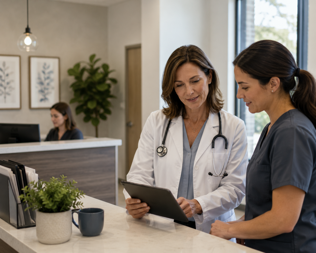 Medical practice team reviewing information together on a tablet